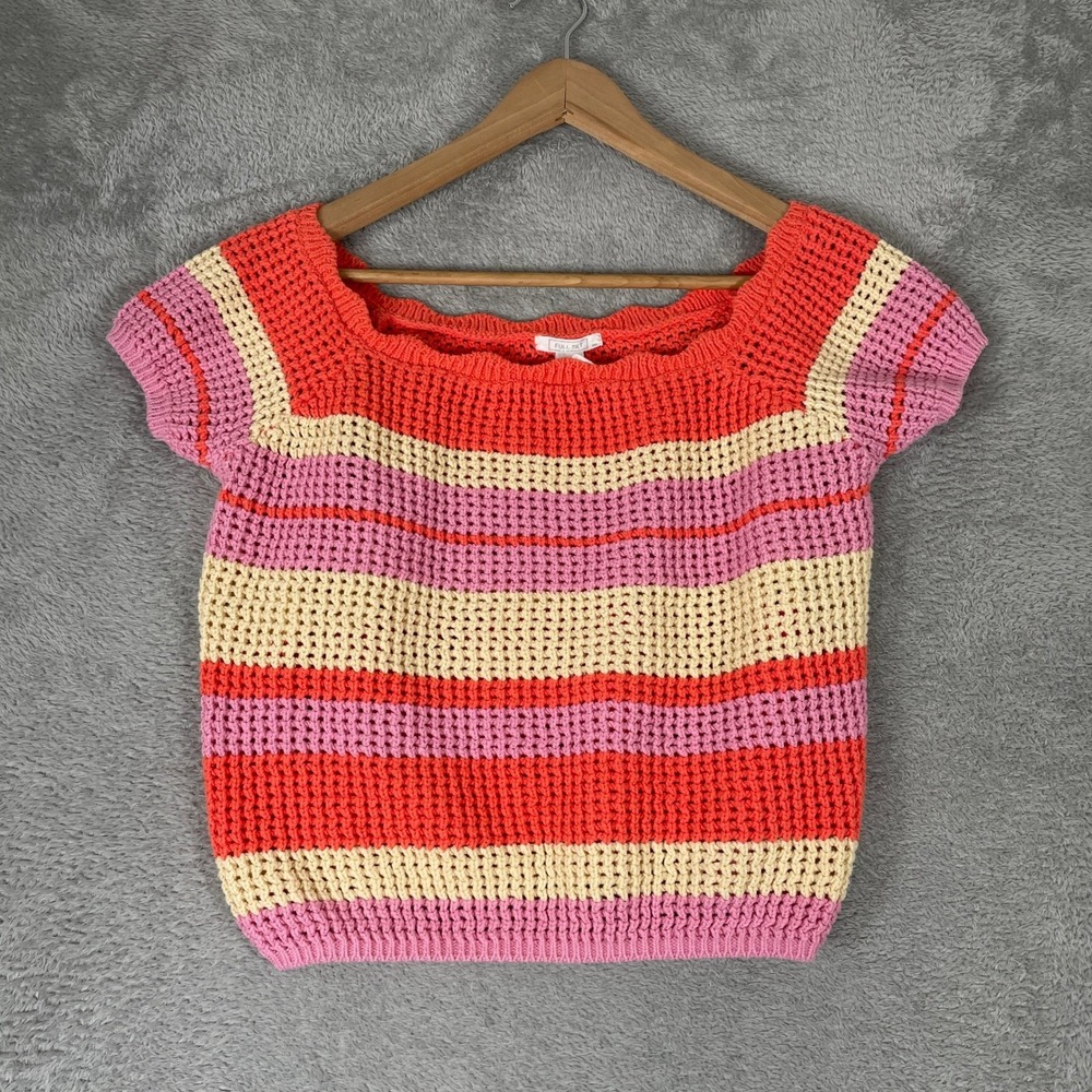 Full Tilt Crochet Knit Sweater Womens 2XL Orange Striped Boho Scoop Neck Top